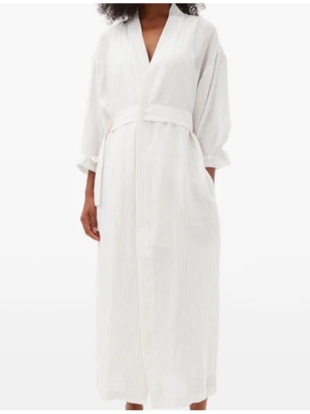 Lunya Resort Linen Silk Robe Tranquil White with Pink Stripe